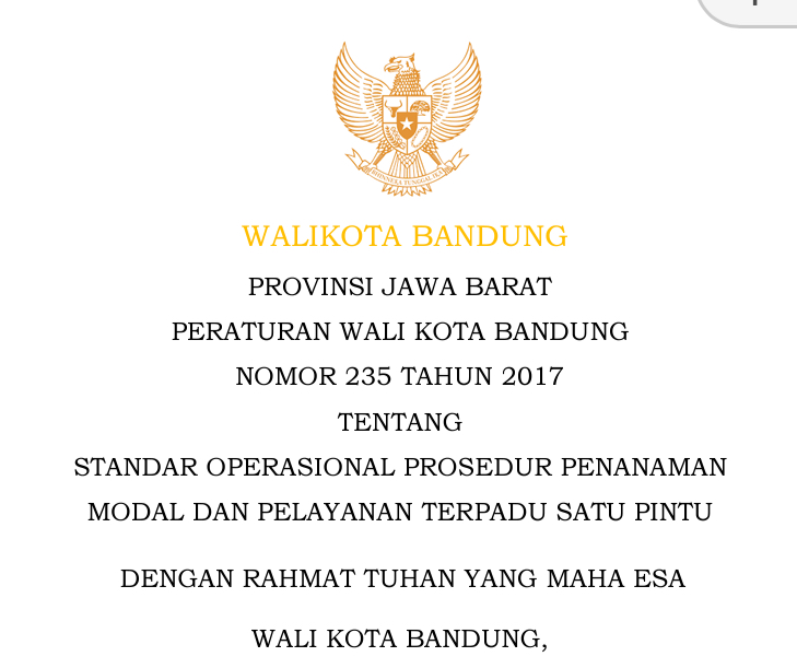 Cover Peraturan Wali Kota Bandung Nomor 235 Tahun 2017 tentang Standar Operasional Prosedur Penanaman Modal Dan Pelayanan Terpadu Satu Pintu.