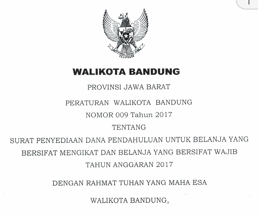 Cover Peraturan Wali Kota Bandung Nomor 9 Tahun 2017 tentang Surat Penyediaan Dana Pendahuluan untuk  Belanja yang  Bersifat Mengikat dan Belanja yang Bersifat Wajib Tahun 2017.