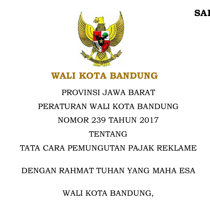 Cover Peraturan Wali Kota Bandung Nomor 239 Tahun 2017 tentang Tata Cara Pemungutan Pajak Reklame