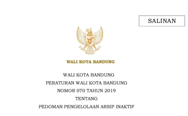 Cover Peraturan Wali Kota Bandung Nomor 70 Tahun 2019 tentang Pedoman Pengelolaan Arsip Inaktif