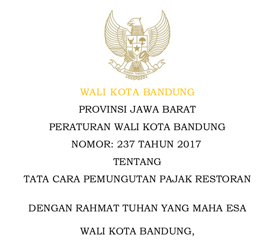 Cover Peraturan Wali Kota Bandung Nomor 237 Tahun 2017 tentang Tata Cara Pemungutan Pajak Restoran