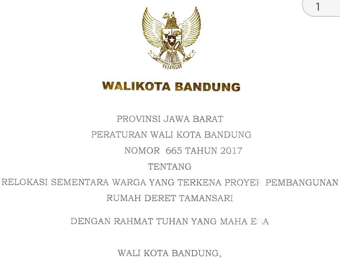 Cover Peraturan Wali Kota Bandung Nomor 665 Tahun 2017 tentang Relokasi Sementara Warga Yang Terkait Proyek Pembangunan Rumah Deret Tamansari