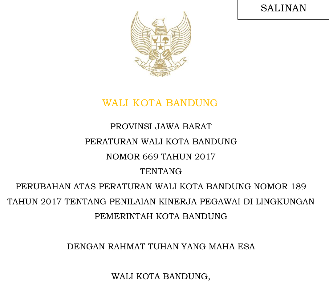 Cover Peraturan Wali Kota Bandung Nomor 669 Tahun 2017 tentang Perubahan Atas Peraturan Wali Kota Bandung Nomor 189 Tahun 2017 Tentang Penilaian Kinerja Pegawai Di Lingkungan Pemerintah Kota Bandung