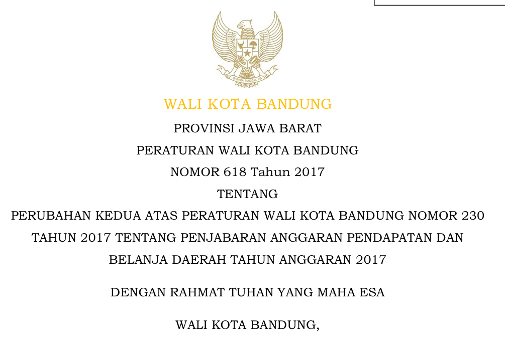 Cover Peraturan Wali Kota Bandung Nomor 618 Tahun 2017 tentang Perubahan Kedua Atas Peraturan Wali Kota Bandung Nomor 230 Tahun 2017 tentang Penjabaran Anggaran Pendapatan Dan Belanja Daerah Tahun Anggaran 2017