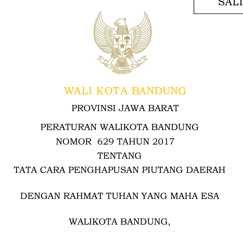 Cover Peraturan Wali Kota Bandung Nomor 629 Tahun 2017 tentang Tata Cara Penghapusan Piutang Daerah