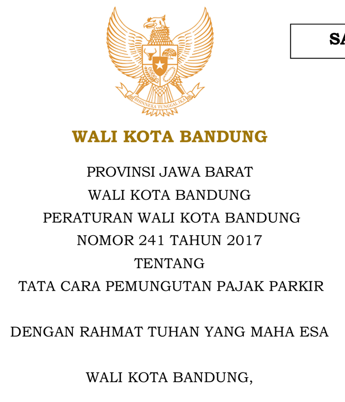 Cover Peraturan Wali Kota Bandung Nomor 241 Tahun 2017 tentang Tata Cara Pemungutan Pajak Parkir