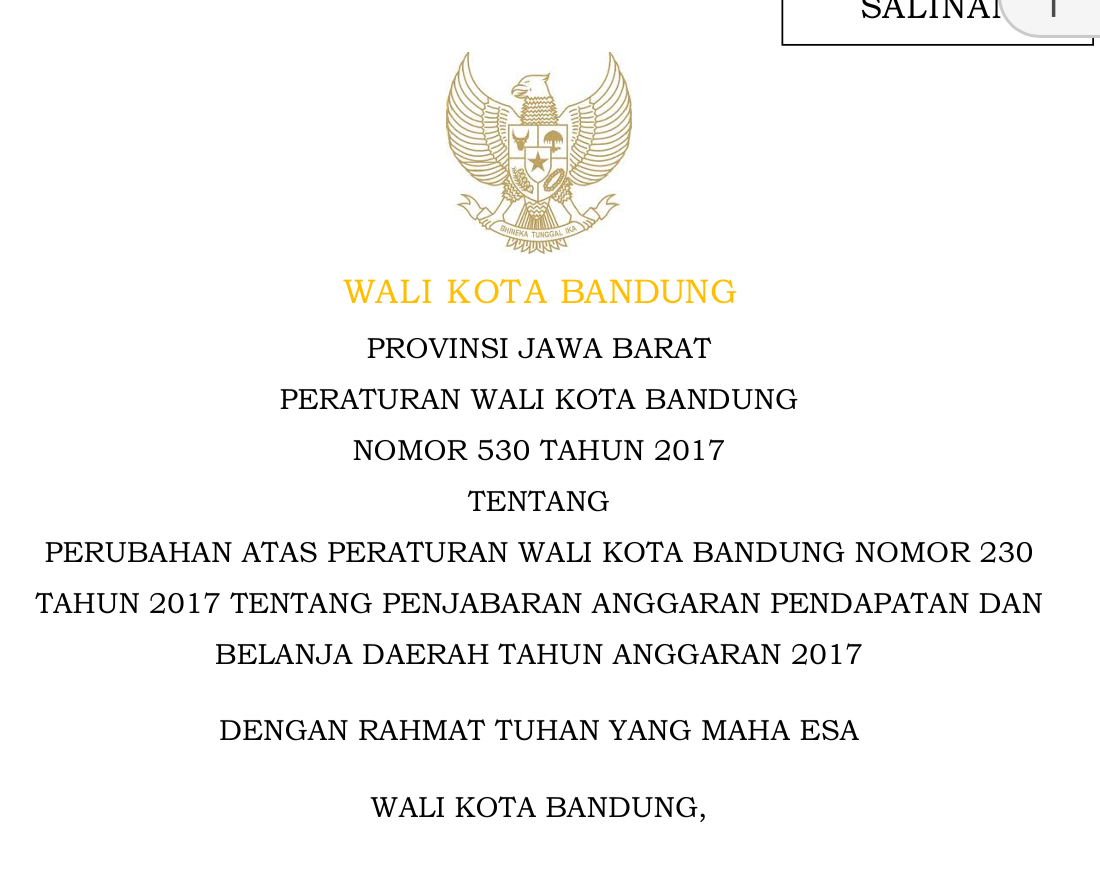 Cover Peraturan Wali Kota Bandung Nomor 530 Tahun 2017 tentang Perubahan Atas Peraturan Wali Kota Bandung Nomor 230 Tahun 2017 tentang Penjabaran Anggaran Pendapatan dan Belanja Daerah Tahun Anggaran 2017