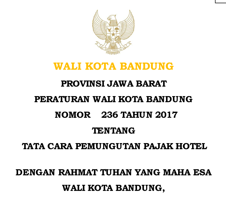 Cover Perarturan Wali Kota Bandung Nomor 236 Tahun 2017 tentang Tata Cara Pemungutan Pajak Hotel