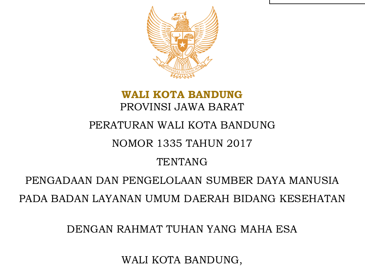 Cover Peraturan wali Kota Bandung Nomor 1335 tahun 2017 tentang Pengadaan dan Pengelolaan Sumber Daya Manusi pada Badan Layanan Umum Daerah Bidang Kesehatan