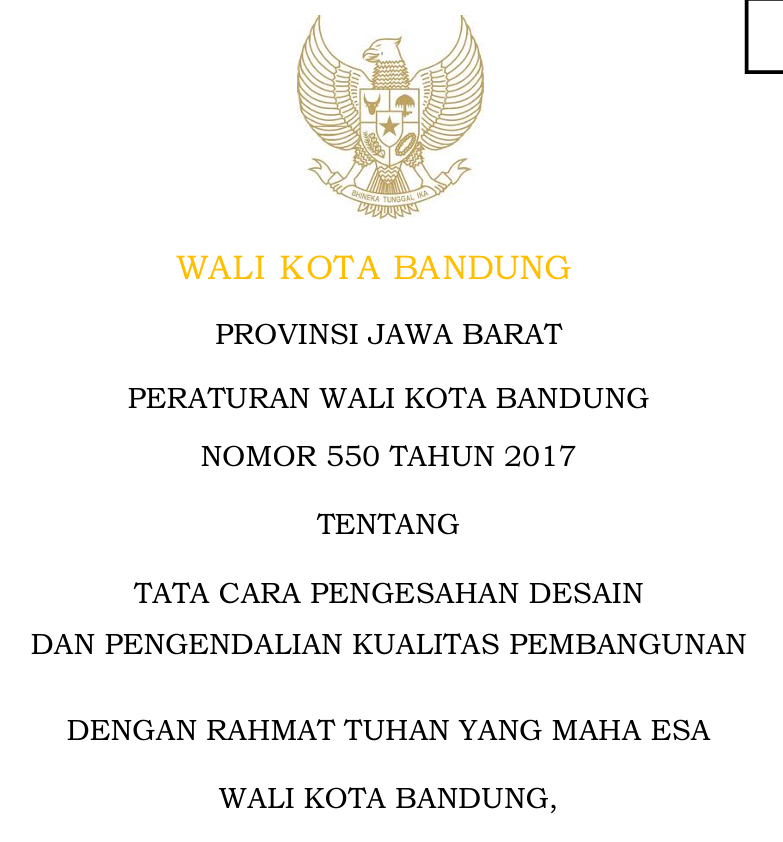 Cover Peraturan wali Kota Nomor 550 tahun 2017 tentang tata Cara Pengesahan Desain dan Pengendalian Kualitas Pembangunan