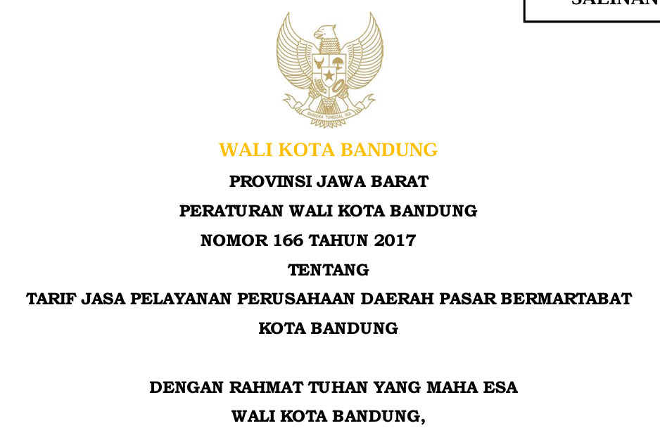 Cover Peraturan wali Kota Bandung Nomor 166 Tahun 2017 tentang Tarif Jasa Pelayanan Perusahaan Daerah Pasar Bermartabat Kota Bandung