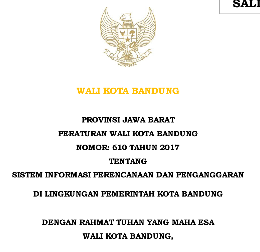 Cover Peraturan Wali Kota Bandung Nomor 610 Tahun 2017 tentang Sistem Informasi Perencanaan dan Penganggaran di Lingkungan Pemerintah Kota Bandung