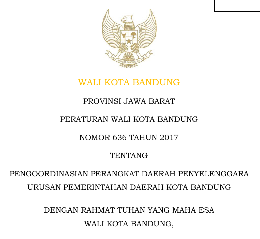 Cover Perarturan wali Kota Bandung Nomor 636 Tahun 2017 tentang Pengoordinasian Perangkat Daerah Penyelenggara Urusan Pemerintah Daerah Kota Bandung