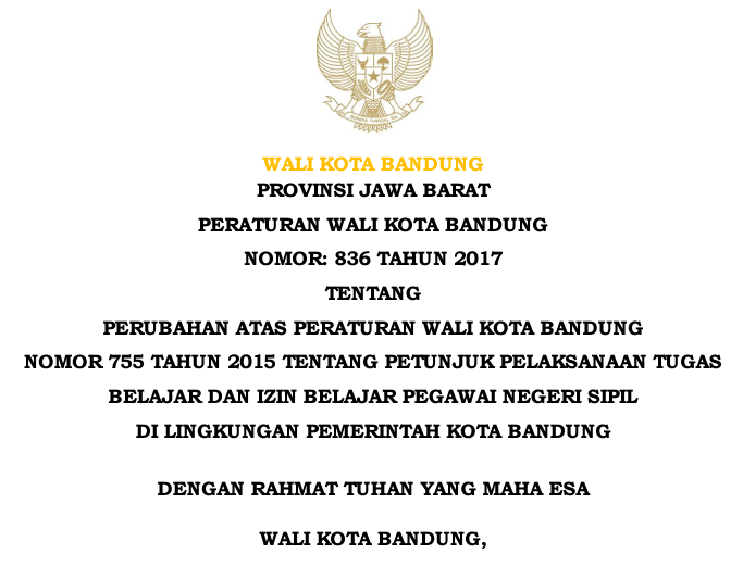 Cover Peraturan Wali Kota Bandung nomor 836 Tahun 2017 Perubahan Atas Peraturan Wali Kota Bandung Nomor 755 Tahun 2015 Tentang Petunjuk Pelaksanaan Tugas Belajar Dan Izin Belajar Pegawai Negeri Sipil Di Lingkungan Pemerintah Kota Bandung