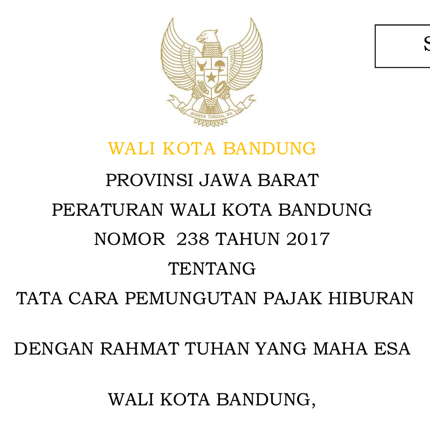 Cover Peraturan Wali Kota Bandung Nomor 238 Tahun 2017 tentang Tata Cara Pemungutan Pajak Hiburan