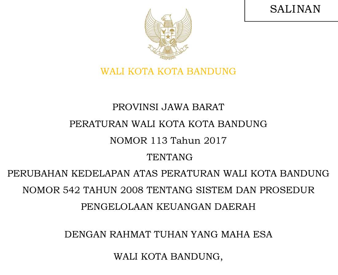 Cover Peraturan Wali Kota Bandung Nomor 113 Tahun 2017 Perubahan Kedelapan Atas Peraturan Wali Kota Bandung Nomor 542 Tahun 2008 tentang Sistem dan Prosedur Pengelolaan Keuangan Daerah