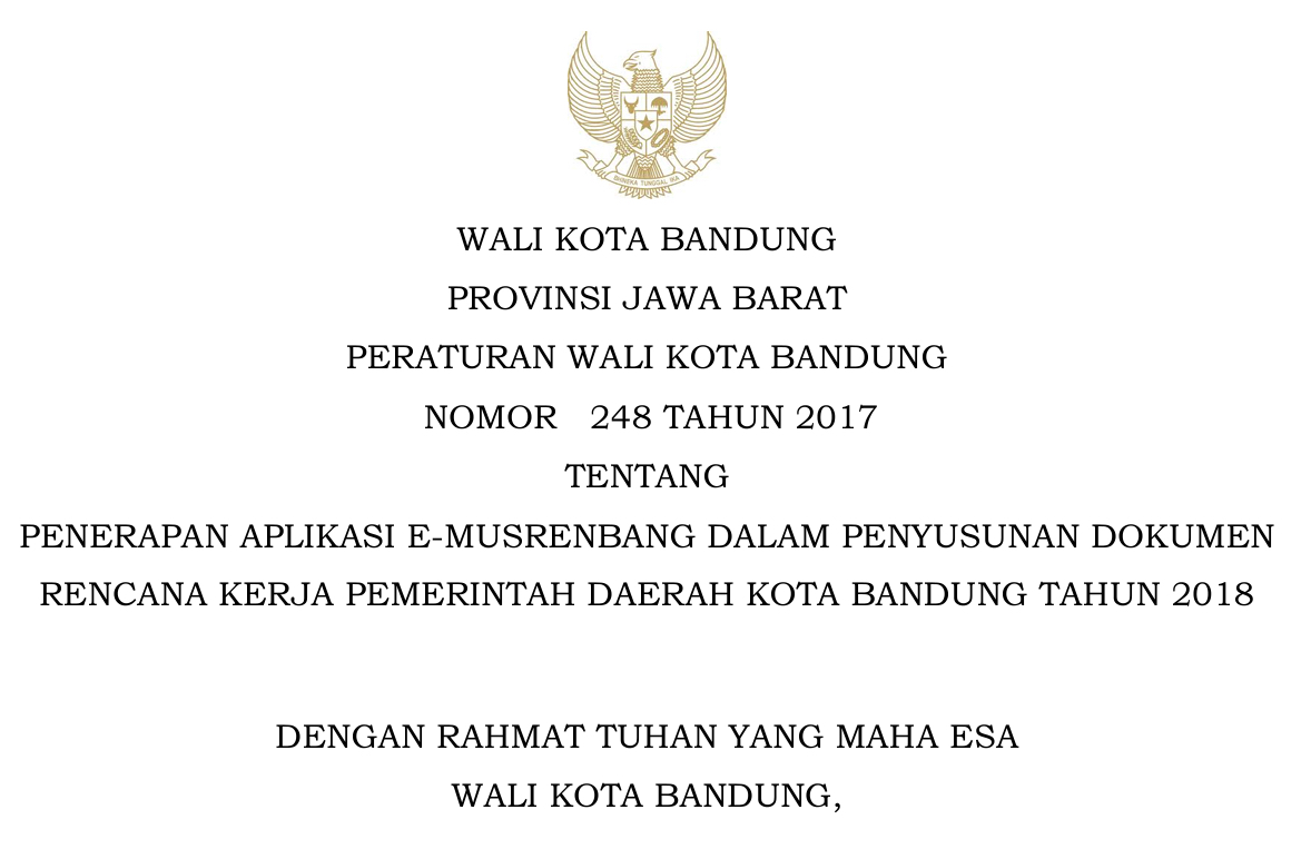 Cover Peraturan Wali Kota Nomor 248 Tahun 2017 tentang Penerapan Aplikasi E- Musrenbang penyusunan Dokumen Rencana Keja Pemerintah  Daerah Kota Bandung Tahun 2018