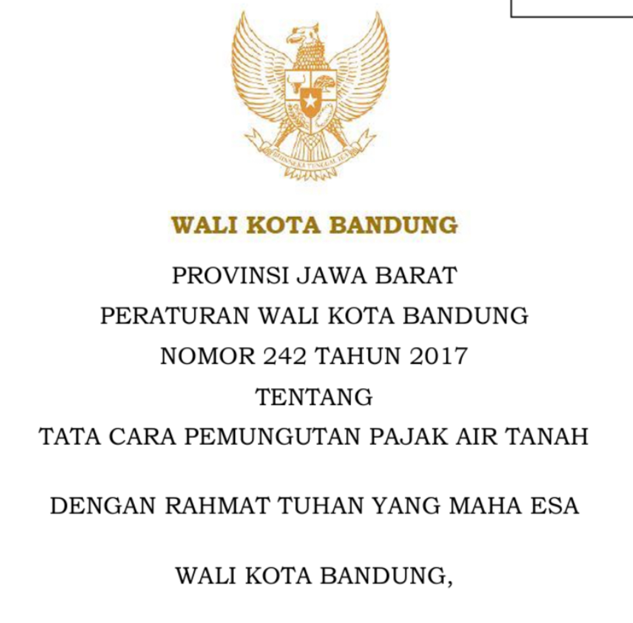 Cover Peraturan Wali Kota Bandung Nomor 242 Tahun 2017  tentang Tata Cara Pemungutan Pajak Air Tanah