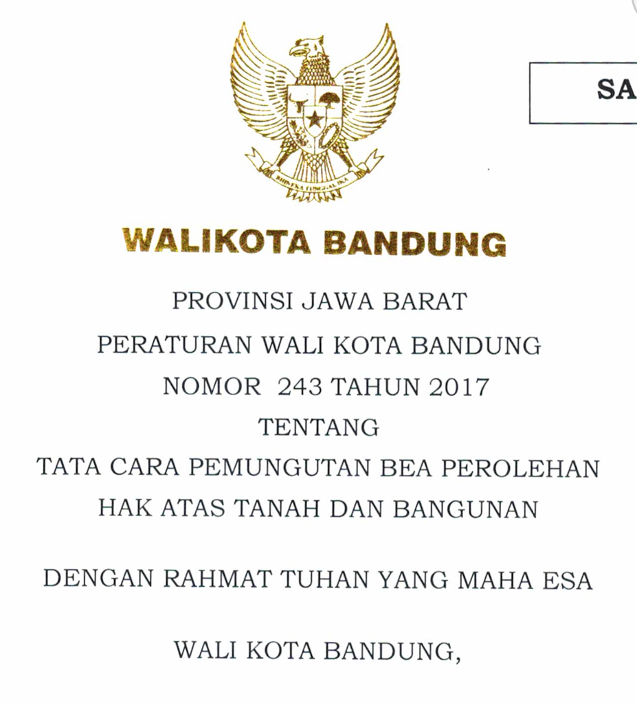 Cover Peraturan Wali Kota Bandung Nomor 243 Tahun 2017 tentang Tata Cara Pemungutan Pajak Bea Perolehan Hak Atas Tanah Dan Bangunan