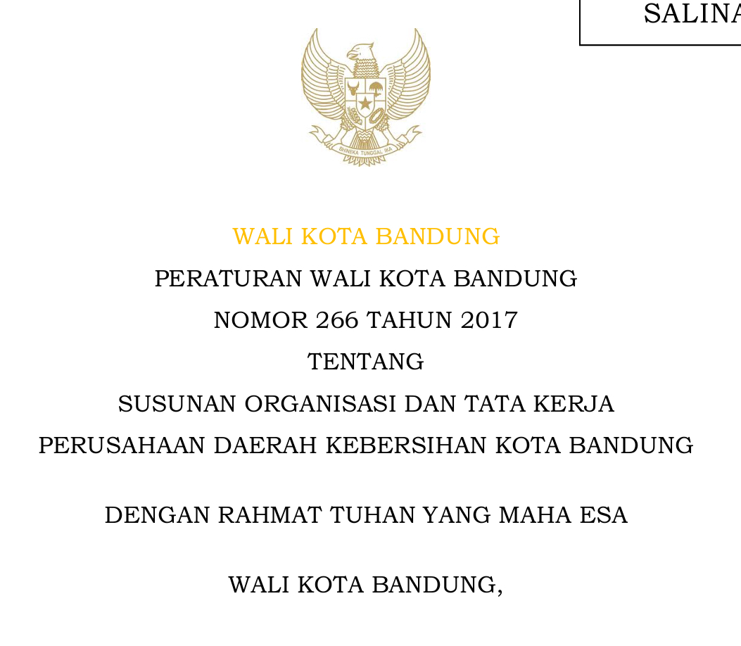 Cover Peraturan Wali Kota Bandung Nomor 266 Tahun 2017 tentang Susunan Organisasi dan Tata Kerja Perusahaan Daerah Kebersihan Kota Bandung