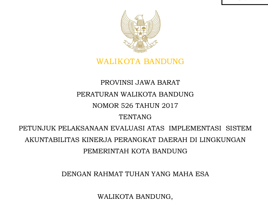 Cover Peraturan Wali Kota Bandung Nomor 526 Tahun 2017 tentang Petunjuk Pelaksanaan Evaluasi atas Implementasi Sistem Akuntabilitas Kinerja Daerah di Lingkungan Pemerintah Kota Bandung