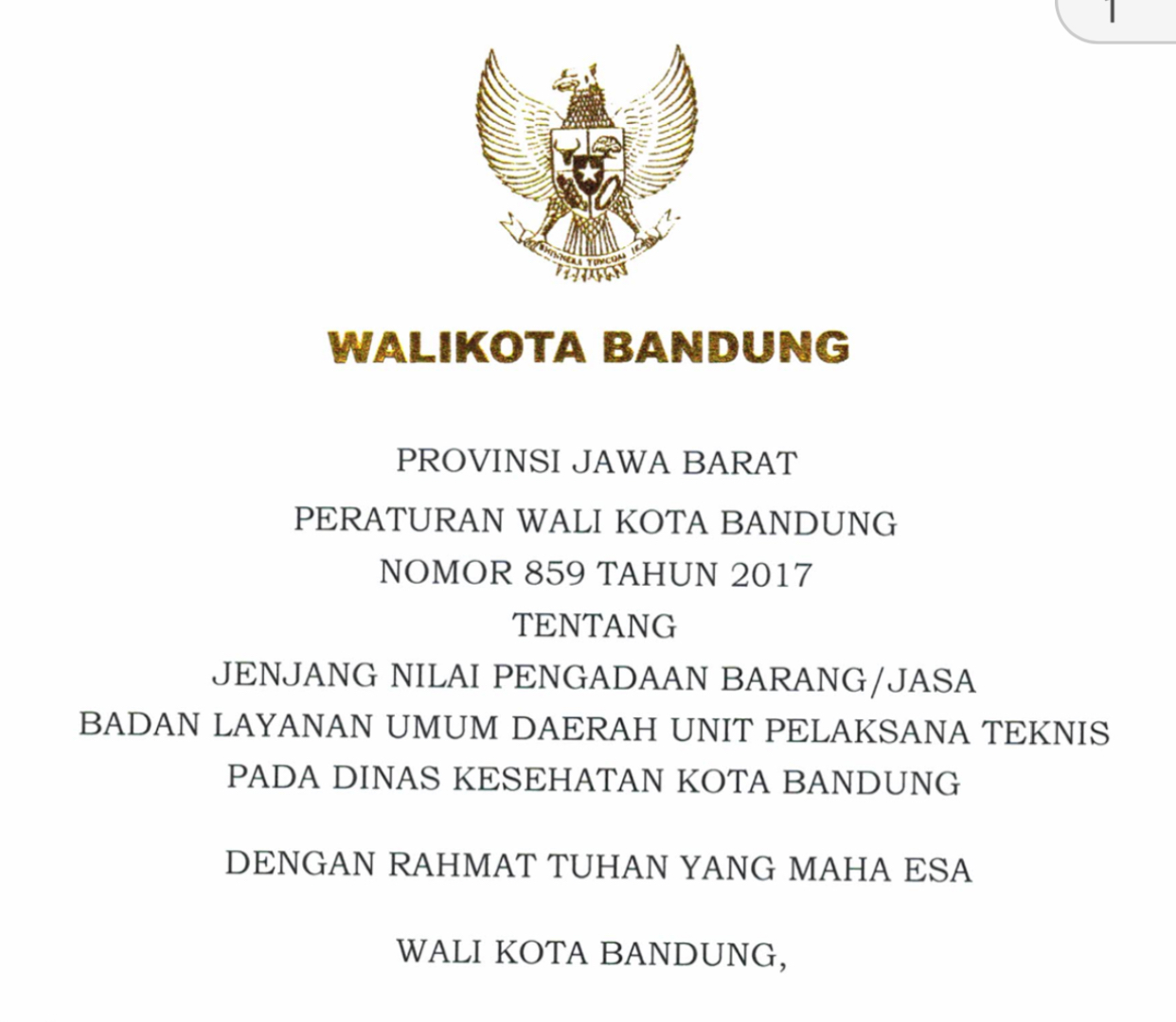 Cover Peraturan Wali Kota Bandung Nomor 859 Tahun 2017 tentang Jenjang Nilai Pengadaan Barang/jasa Badan Layanan Umum Daerah Unit Pelaksana Teknis Pada Dinas Kesehatan Kota Bandung.