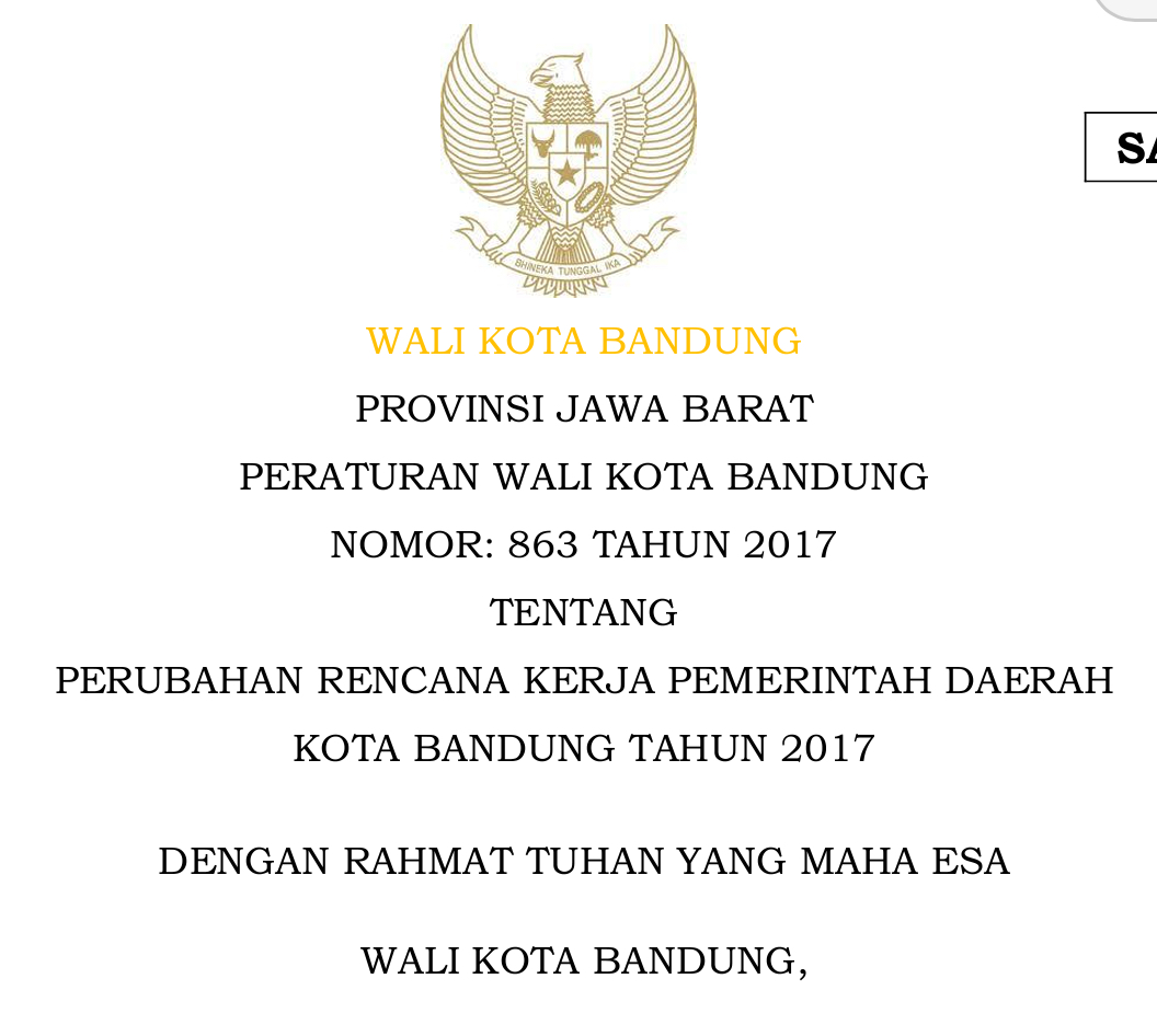 Cover Peraturan Wali Kota Bandung Nomor 863 Tahun 2017 tentang Perubahan Rencana Kerja Pemerintah Daerah Kota Bandung Tahun 2017