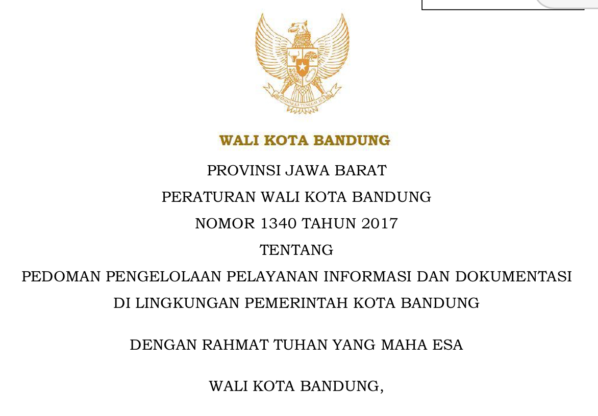 Cover Peraturan Wali Kota Bandung Nomor 1340 Tahun 2017 tentang Pedoman Pengelolaan Pelayanan Informasi dan Dokumentasi di Lingkungan Pemerintah Kota Bandung