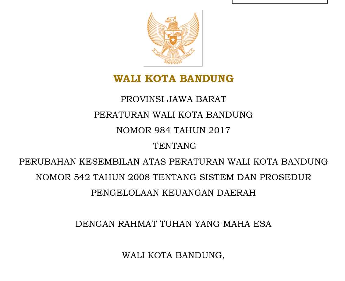 Cover Peraturan Wali Kota Nomor 984 Tahun 2017tentang Perubahan Kesembilan Atas Peraturan Wali Kota Bandung Nomor 542 Tahun 2008 tentang Sistem dan Prosedur Pengelolaan Keuangan Daerah