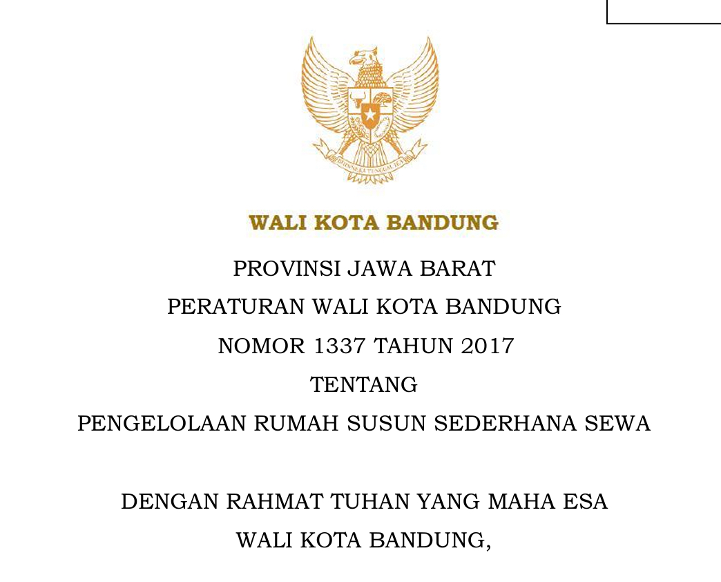 Cover Peraturan wali Kota Bandung Nomor 1337 Tahun 2017 tentang Pengelolaan Rumah Susun Sederhana Sewa