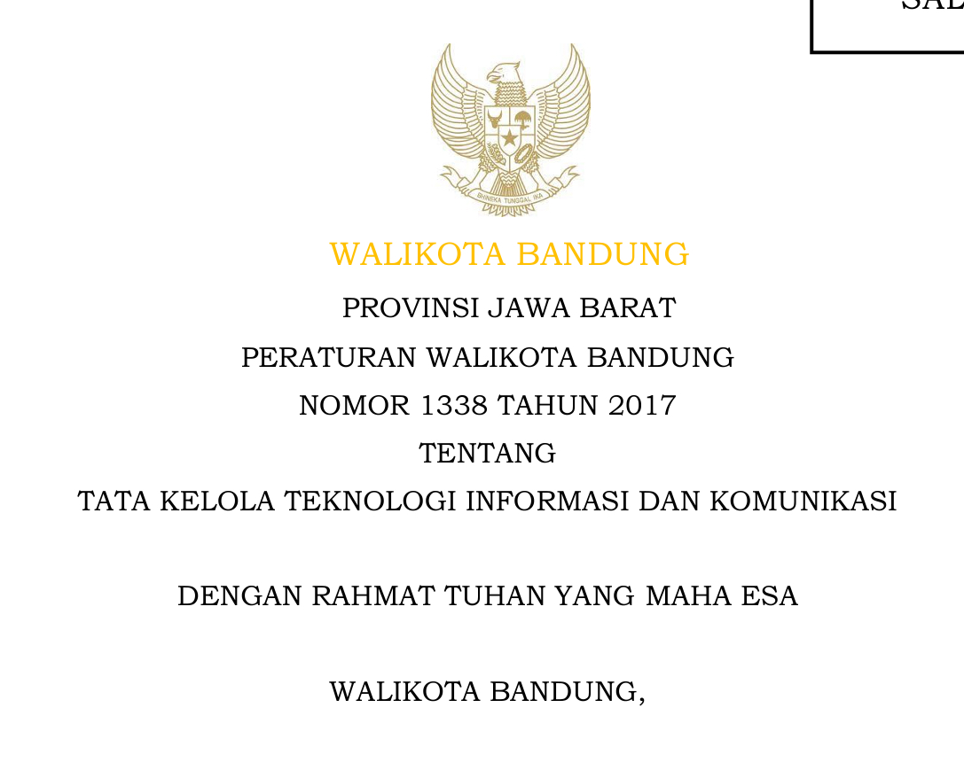 Cover Peraturan Wali Kota Bandung Nomor 1338 tentang  Tata Kelola Teknologi Informasi dan Komunikasi