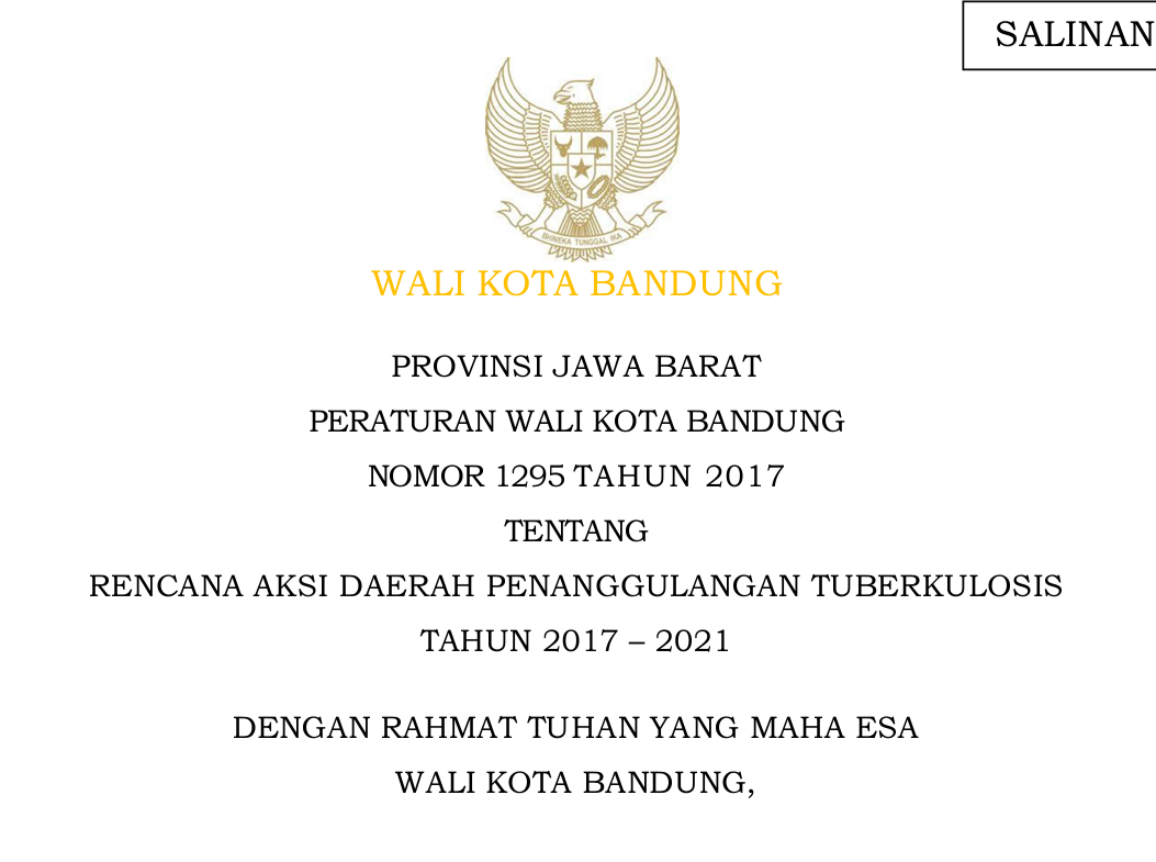 Cover Peraturan Wali Kota Bandung Nomor 1295 Tahun 2017 tentang Rencana Aksi Daerah Penanggulangan Tuberkulosis tahun 2017 -b 2021