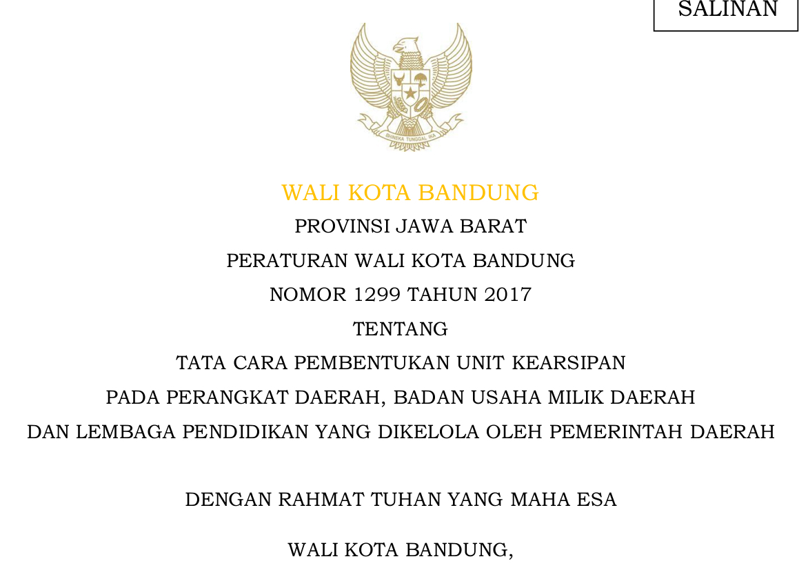 Cover Peraturan Wali Kota Bandung Nomor 1209 tentang Tata Cara Pembentukan unit Kearsipan pada Perangkat Daerah, Badan Usaha Milik Daerah dan Lembaga Pendidik yang dikelola Oleh Perintah Daerah