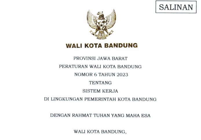 Cover Peraturan Wali Kota Bandung Nomor 6 Tahun 2023 tentang Sistem Kerja di Lingkungan Pemerintah Kota Bandung