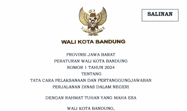 Cover Peraturan Wali Kota Bandung Nomor 1 Tahun 2024 tentang Tata Cara Pelaksanaan dan Pertanggungjawaban Perjalanan Dinas Dalam Negeri