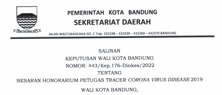 Cover Keputusan Wali Kota Bandung Nomor 443/Kep.176-Dinkses/2022 tentang Besaran Honorarium Petugas Tracer Corona Virus Diserase 2019