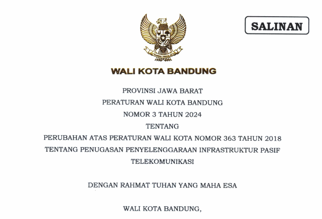 Cover Peraturan Wali Kota Bandung Nomor 3 Tahun 2024 tentang Perubahan Atas Peraturan Wali Kota Bandung Nomor 363 Tahun 2018 tentang Penugasan Penyelenggaraan Infrastruktur Pasif Telekomunikasi