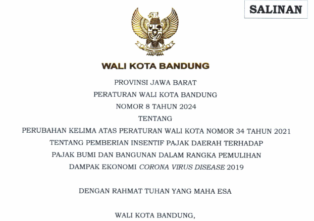 Cover Peraturan Wali Kota Bandung Nomor 8 Tahun 2024 tentang Perubahan Kelima Atas Perubahan Wali Kota Nomor 34 Tahun 2021 tentang Pemberian Insentif Pajak Daerah Terhadap Pajak Bumi dan Bangunan Dalam Rangka Pemulihan Dampak Ekonomi Corona Virus Disease 2019