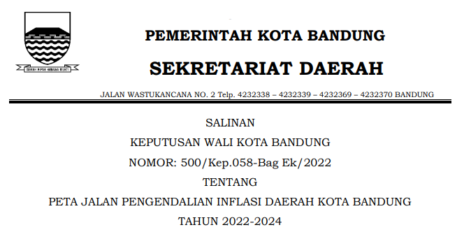 Cover Keputusan Wali Kota Nomor 500/Kep.058-Bag Ek/2022 tentang Peta Jalan Pengendalian Inflasi Daerah Kota Bandung Tahun 2022-2024