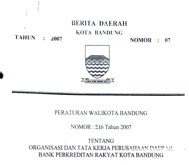 Cover Peraturan Wali Kota Bandung Nomor 216 Tahun 2017 tentang Organisasi Dan Tata Kerja Perusahaan Bank Perkreditan Rakyat Kota Bandung