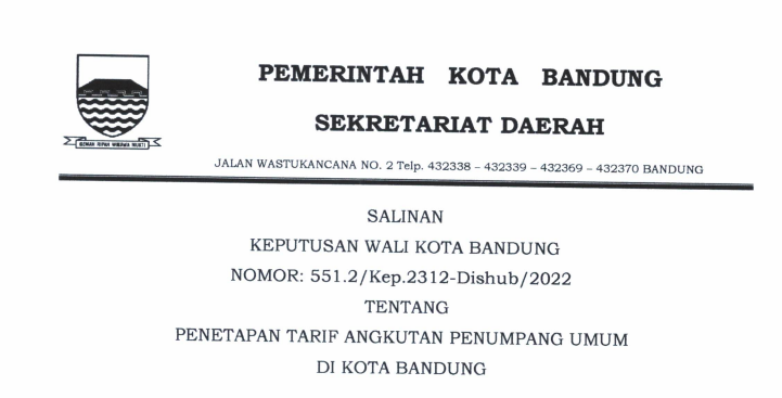 Cover Keputusan Wali Kota Bandung Nomor 551.2/Kep.2312-Dishub/2022 tentang Penetapan Tarif Angkutan Penumpang Umum Di Kota Bandung