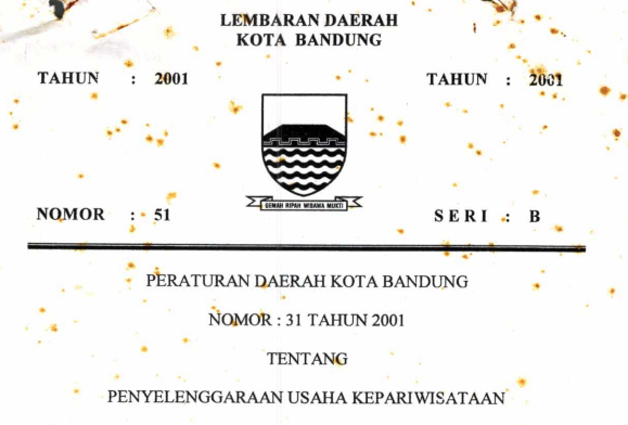 Cover Peraturan Daerah Kota Bandung Nomor 31 Tahun 2001 tentang Penyelenggaraan Usaha Kepariwisataan