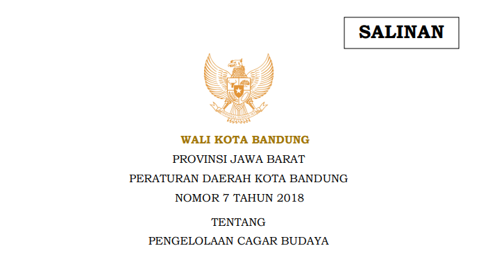 Cover Peraturan Daerah Kota Bandung Nomor 7 Tahun 2018 tentang Pengelolaan Cagar Budaya