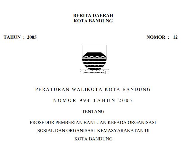 Cover Peraturan Wali Kota Bandung Nomor 944 Tahun 2005 tentang Prosedur Pemberian Bantuan Kepada Organisasi Sosial Untuk Organisasi Kemasyarakatan Di Kota Bandung