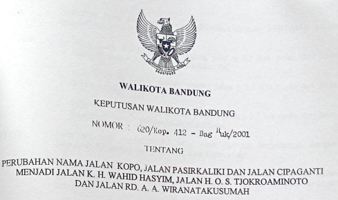 Cover Keputusan Wali Kota Bandung Nomor 620/Kep.412-Bag.Huk/2001 tentang Perubahan Nama Jalan Kopo, Jalan Pasirkaliki Dan Dan Jalan Cipaganti Menjadi Jalan Kh. Wahid Hasyim, Jalan Hos. Tjokroaminoto Dan Jalan Rd. Aa. Wiranatakumah