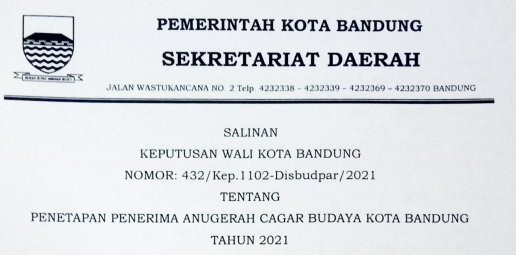 Cover Keputusan Wali Kota Bandung Nomor  432/Kep.1102-Disbudpar/2021 tentang Penetapan Penerima Anugerah Cagar Budaya Kota Bandung Tahun 2021