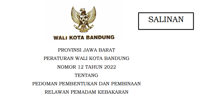 Cover Peraturan Wali Kota Nomor 12 Tahun 2022 tentang Pedoman Pembentukan Dan Pembinaan Relawan Pemadam Kebakaran