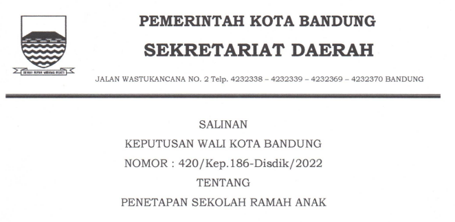 Cover Keputusan Wali Kota Bandung Nomor 420/Kep.186-Disdik/2022 tentang Penetapan Sekolah Ramah Anak