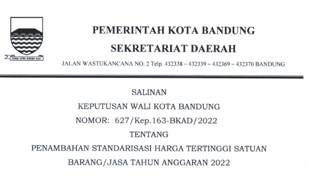 Cover Keputusan Wali Kota Nomor 627/Kep.163-BKAD/2022 tentang Penambahan Standarisasi Harga Satuan Barang/jasa Tahun Anggaran 2022