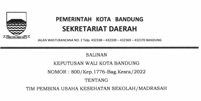 Cover Keputusan Wali Kota Nomor 800/Kep.1776-Bag.Kesra/2022 tentang Tim Pembina Usaha Kesehatan Sekolah/madrasah